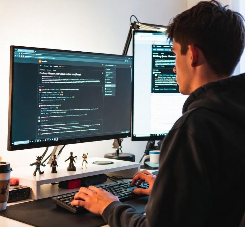 game developer working at a desk with multiple monitors