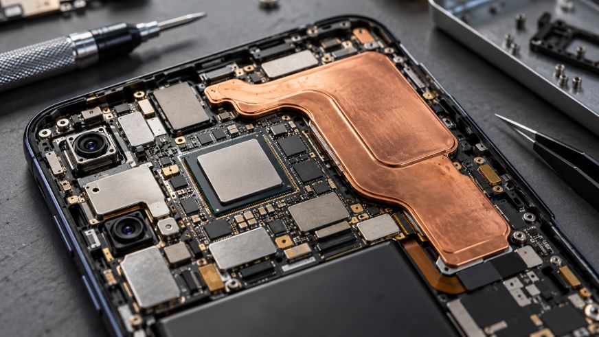 smartphone's internal motherboard, processor, and copper vapor chamber cooling system